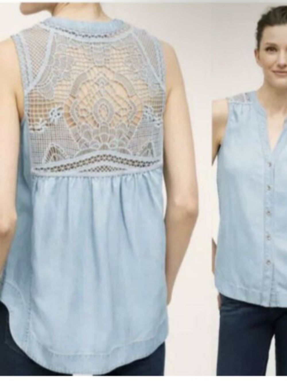 Holding Horses Sleeveless Light Blue Lace-Yoke Chambray Top